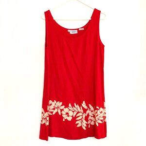 Women's Vintage Hawaiian Dress, Red with Off-White Floral Print (Size M)